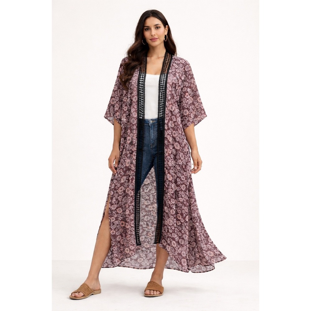 Lane Bryant Women Floral Lace Trim Maxi Kimono One Size‎ Mauve Boho Wrap